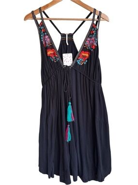 NWT Free People Lovers Cove Embroidered Halter Mini Dress Black Size M